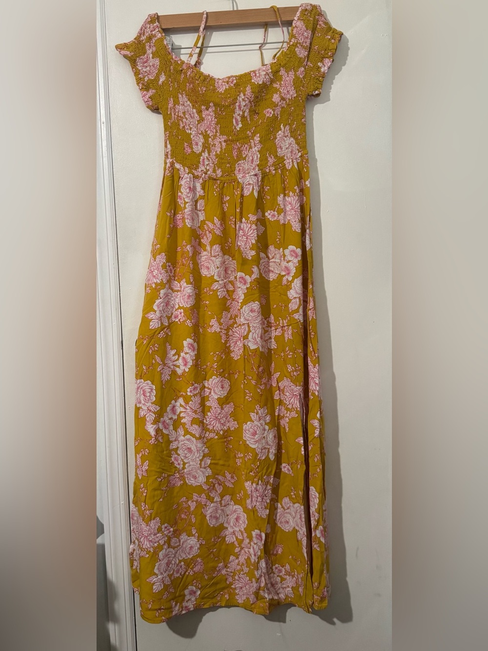 magnolia Skye . Smocked Bodice Mustard Floral Maxi Dress with Pink Bloom Print.